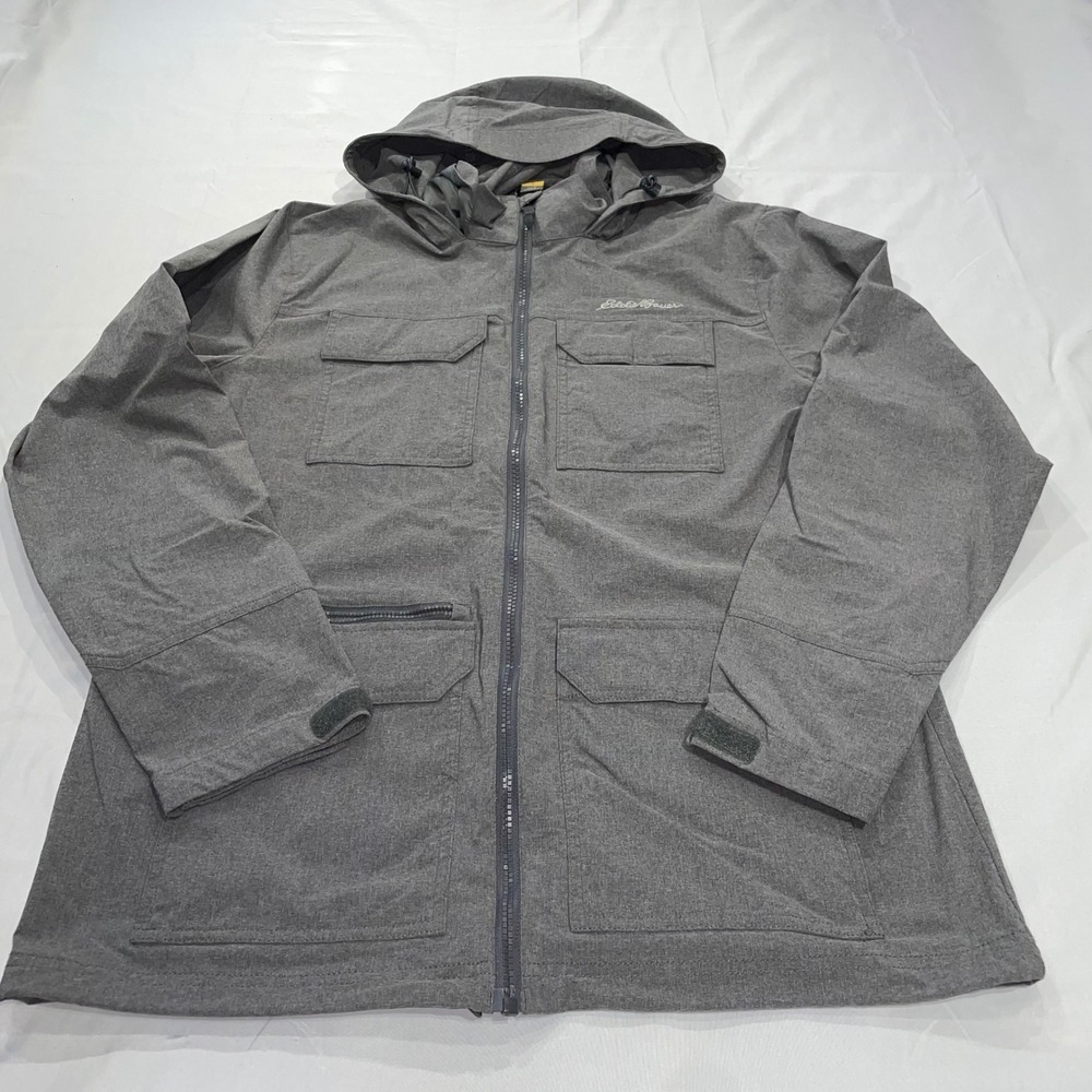 Eddie Bauer Travex Mens Gray Hooded Full Zip Stretch Travel Jacket Large